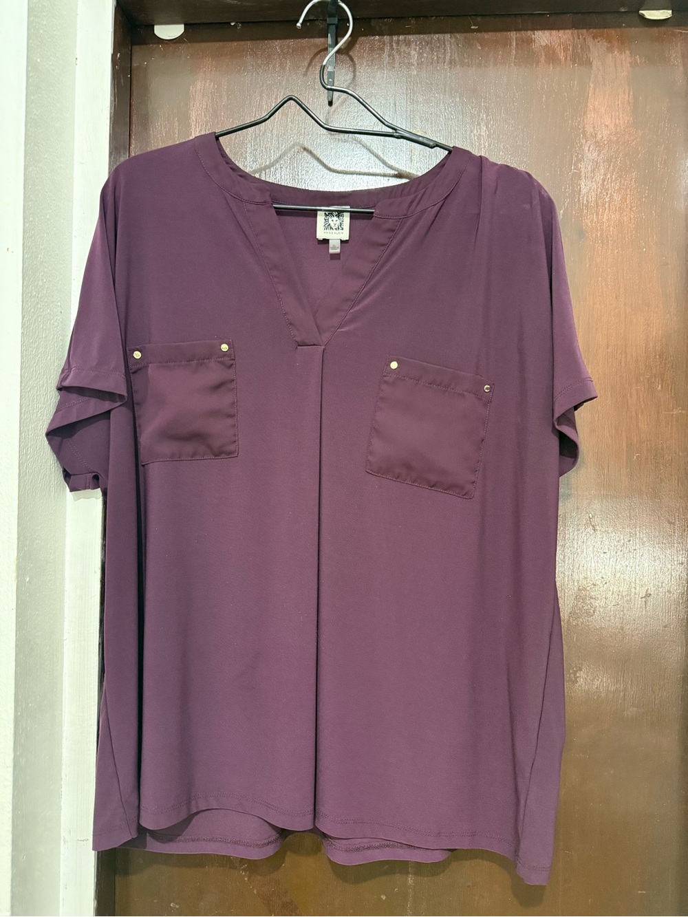 Anne Klein Plum Short Sleeve V-Neck Blouse with Pocket Detail